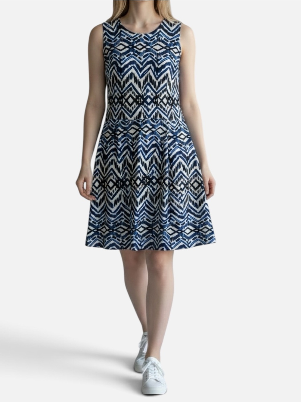 Lauren Ralph Lauren Geometric Stretch Sleeveless Pleated Knee Length Dress Sz 16